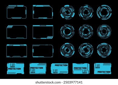 Neon Blue Cyberpunk Interface Elements Set. Futuristic HUD Design Ui Templates