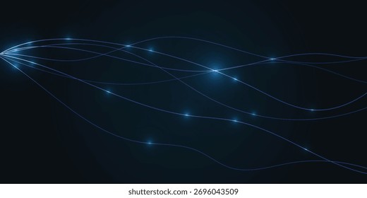 Fluxos de dados azuis de néon em fundo escuro — linhas de fibra óptica com partículas brilhantes; fluxo de rede, comunicação, IA e banner de tecnologia