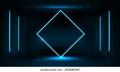 Neon blue diamond-shaped frame with line neon lamp on wall in dark room on blurred background