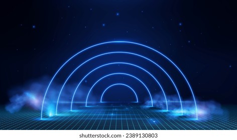 Neon blue digital arcs on a dark grid background, symbolizing high-tech connectivity and futuristic networks. Illuminated portal, passage along the corridor. Vector illustration