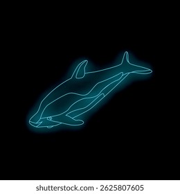 Neon blue dolphin swimming upwards, simple line drawing on black background