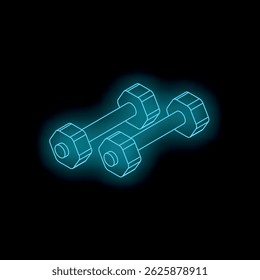 Neon blue dumbbells shining on a dark background, symbolizing workout, strength training, and gym activity