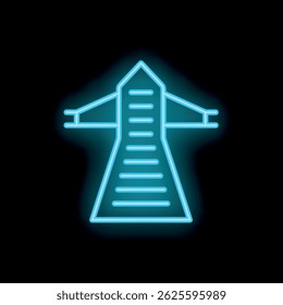 Neon blue electric tower glowing on black background, concept of electricity industry