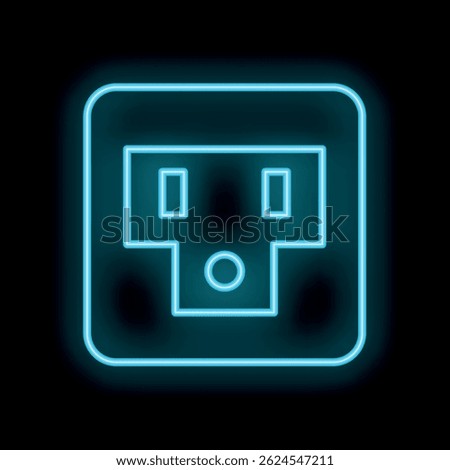 Neon blue electrical socket glowing on the wall in the dark