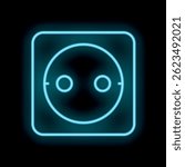 Neon blue european power socket glowing on a black wall