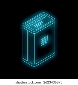 Neon blue external hard drive icon glowing on a black background, representing data storage and technology