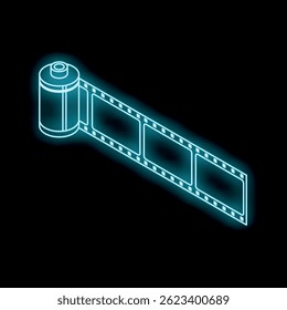 Neon blue film strip glowing on a black background, perfect for entertainment concepts