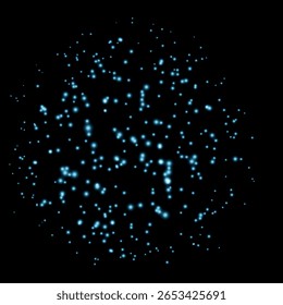 Neon blue fireworks lights on isolated black background. Colorful explosion with glowing particles. For show, festival, party. Pyrotechnics. Vector illustration. Realistic icon. Firecracker.