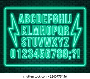 Neon blue font. Bright capital letters with numbers on a dark background.