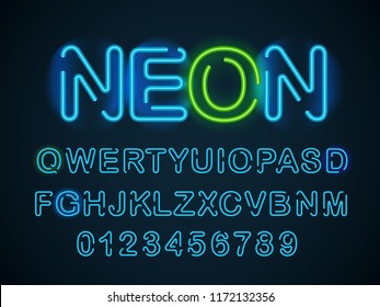 Neon blue font. English alphabet and digits set. Vector illustration