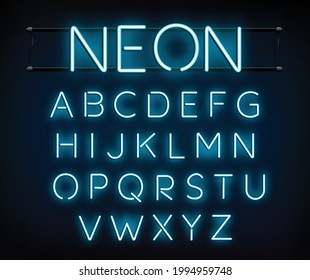 Neon blue font vector illustration. Blue neon light letters. Glowing alphabets. A-Z Letters.