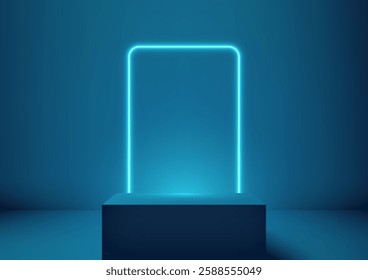 neon blue frame glowing against a solid blue backdrop, casting vibrant light on a sleek pedestal, perfect for modern technology concepts, product displays, and futuristic mockups