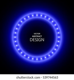 The neon blue frame with LED illumination in a retro style. The shining billboard with the place for the text. The vectorial burning template in ancient style.Design element.Vector illustration.