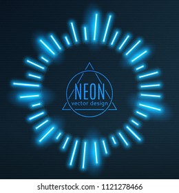 Neon blue frame sunburst shape glowing rays of light, vector background illustration
