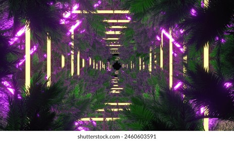 Neon Blue Frame Tunnel In Tropical Forest Animation. 80's style retro wavy background copy