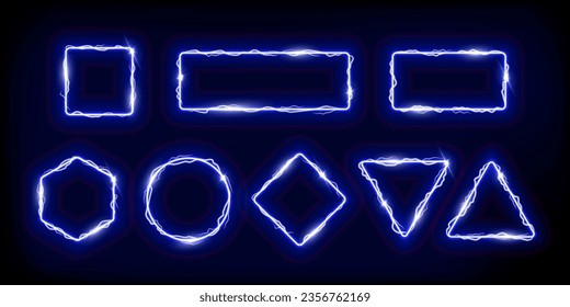 Neon blue frames set with electro flash of lightning vector illustration. Abstract square circle rectangle rhombus hexagon fantasy gates with flare and glow electricity light effect on borders.