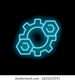 Neon blue gear and cogwheel rotating on black background representing concept of automation