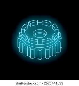 Neon blue gear rotating and generating power, symbolizing innovation and technology