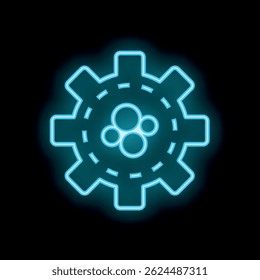 Neon blue gear wheel with smaller circles inside representing teamwork concept on a black background