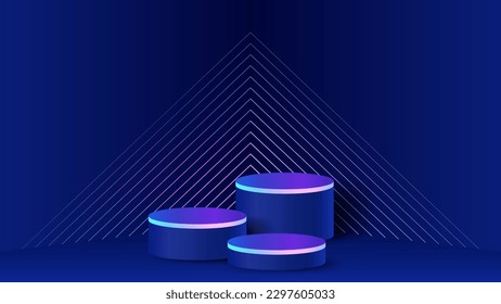 Las formas geométricas de color azul neón sobre un fondo negro crean una escena futurista y vibrante. Esta imagen vectorial es perfecta para mostrar productos en un escenario, podio o plataforma de visualización. Fondo de estudio