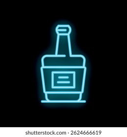 Neon blue glass bottle with blank label is shining on black background