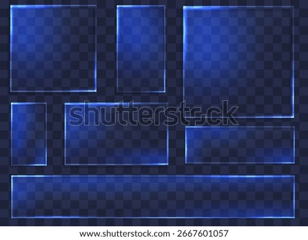 Neon blue glass frames, luminescent geometric elements. Vector set of translucent shapes with radiant borders on dark backdrop. Rectangle, square template with glowing edges