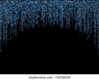 Neon blue glitter festoons hanging christmas or new year background vector illustration. Cyan dust falling down, flying circle confetti garlands vertical lines. Sparkle tinsels design, holiday lights.