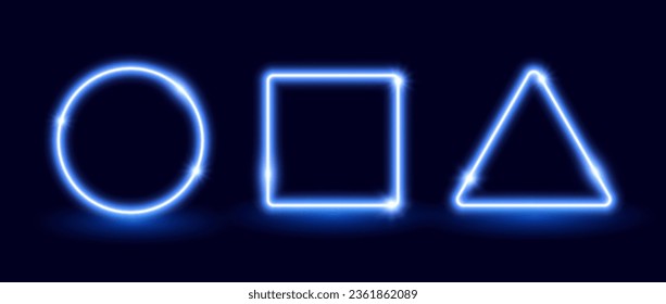 Neon blue glow frame set. Illuminated color, square, triangle shapes collection. Neon color lighting design elements for banner, poster, collage. Vector shining signs illustration pack 