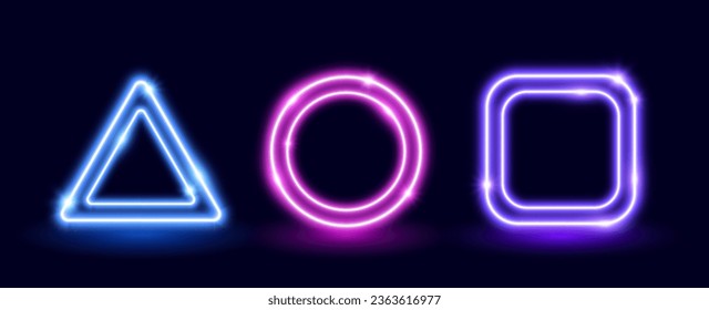 Neon blue glow frame set. Illuminated square, triangle, circle shapes collection. Neon color lighting design elements for banner, poster, collage. Vector shining signs illustration pack