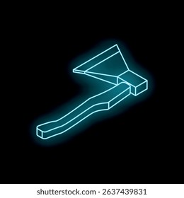 Neon blue glowing ax with isometric perspective on a black background
