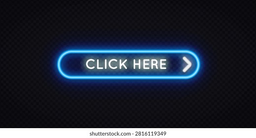Neon blue glowing Click Here button with arrow on dark transparent background. Vibrant rounded CTA element for website, banner or digital advertising design.