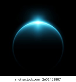 Neon blue glowing earth horizon with sunrise. Isolated black background. Planet glow effect. Earth view from orbit. Galaxy. Astronomy and magic theme. Illustration.