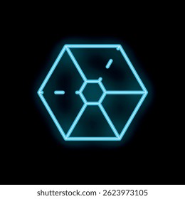 Hexagone scintillant bleu néon formant un cube tridimensionnel avec des bords visibles sur fond noir
