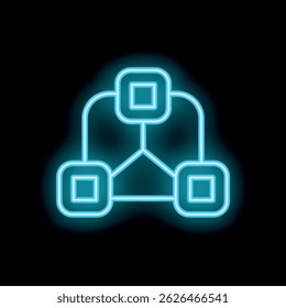 Neon blue glowing icon of blockchain technology on a black background