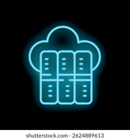 Neon blue glowing icon of a cloud computing database server on a black background