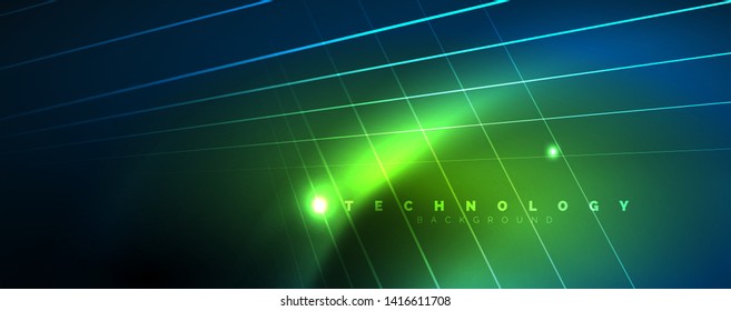 Líneas brillantes de color azul neón, concepto de luz espacial mágica, diseño de fondo abstracto de fondo de fondo, ilustración vectorial
