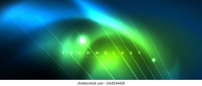 Líneas brillantes de color azul neón, concepto de luz espacial mágica, diseño de fondo abstracto de fondo de fondo, ilustración vectorial