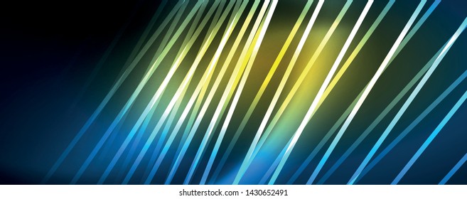 Líneas brillantes de color azul neón, concepto de luz espacial mágica, diseño de fondo abstracto de fondo de fondo, ilustración vectorial