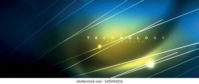 Neon blue glowing lines, magic energy space light concept, abstract background wallpaper design, vector illustration