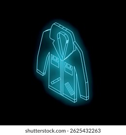 Neon blue glowing outline of a classic winter jacket, representing online shopping and fashion