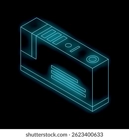 Neon blue glowing server rack system unit on a black background