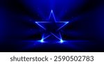 Neon blue glowing star shape on dark background. Electric outline with futuristic energetic vibe. Abstract light effect, shiny lasers form geometric silhouette. Stylized illumination for presentation.