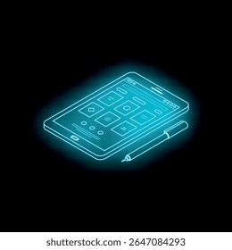 Tablet azul neon brilhante com caneta apresentando uma interface de usuário moderna, perfeito para conceitos de tecnologia e inovação