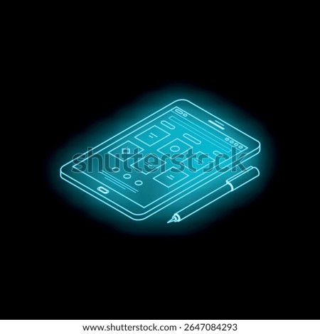 Neon blue glowing tablet with stylus showcasing a modern user interface, perfect for technology and innovation concepts