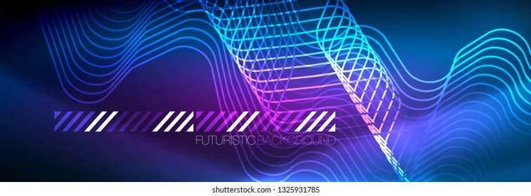 Líneas tecno brillantes de color azul neón, plantilla de fondo abstracto de alta tecnología futurista con formas cuadradas