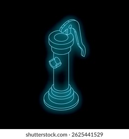 Neon blue glowing water pump on a black background, representing access to clean water and traditional methods