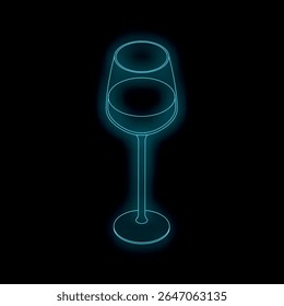 Neon blue glowing wineglass contour on black background representing nightlife, celebration and party