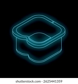 Neon blue glowing yogurt packaging on a black background represents healthy eating and freshness