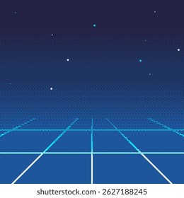 Neon Blue Gradient Background with Grid and Starry Night, Pixel Art Style