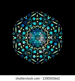 Neon blue gradient mandala vivid bright colorful vibrant glow multicolored neon color on black isolated background. Vector ornament with floral leaves patterns. Holographic trendy design